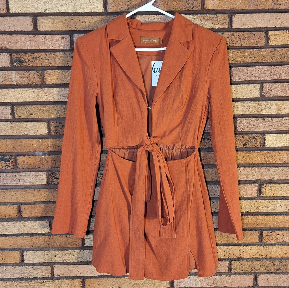NWT Lux Small Rust Orange Front Cut Out Tie Waist Mini Dress